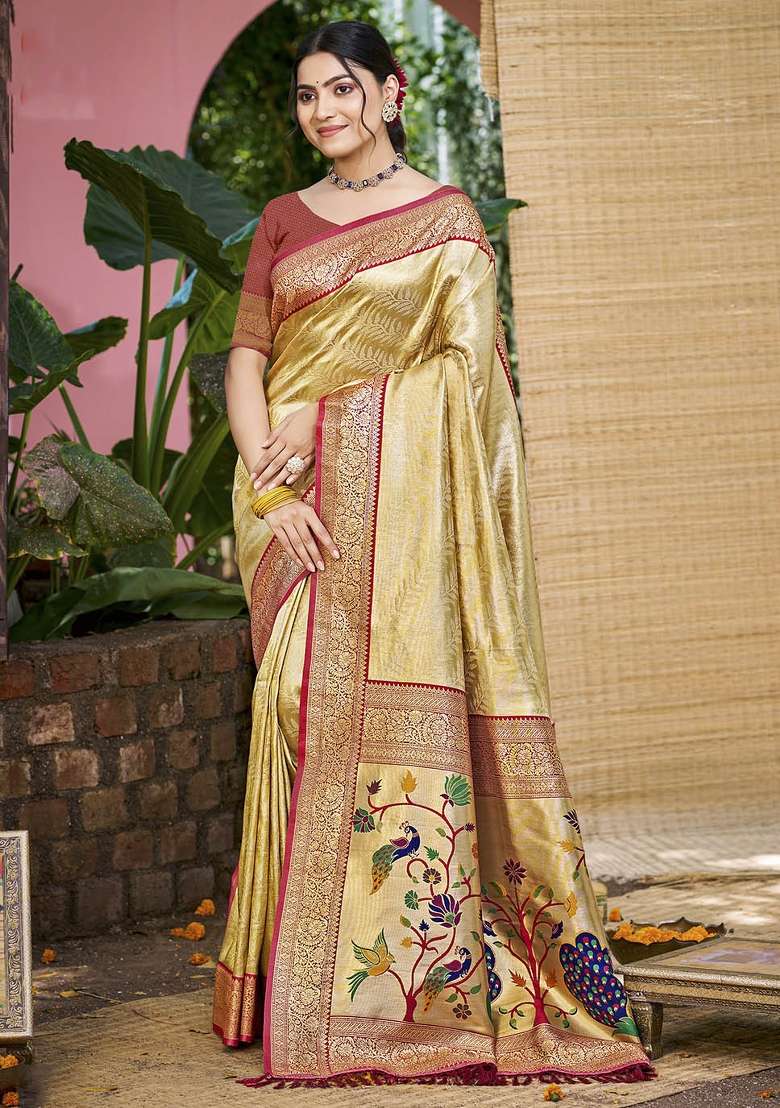 Beige Embroidered Silk Saree Set for Diwali and Festive Wear - Indya