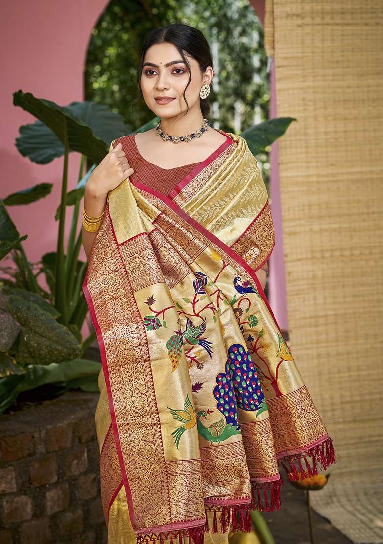 Beige Embroidered Silk Saree Set for Diwali and Festive Wear - Indya