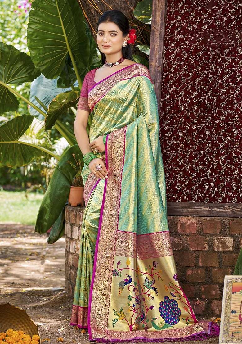 Green Embroidered Silk Saree Set for Diwali and Festive Wear - Indya