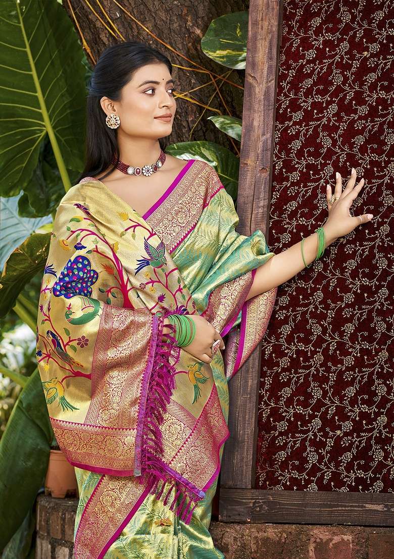 Green Embroidered Silk Saree Set for Diwali and Festive Wear - Indya