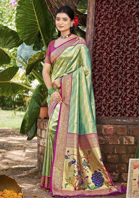 Green Embroidered Silk Saree Set