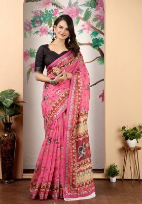 Pink Embroidered Cotton Saree Set