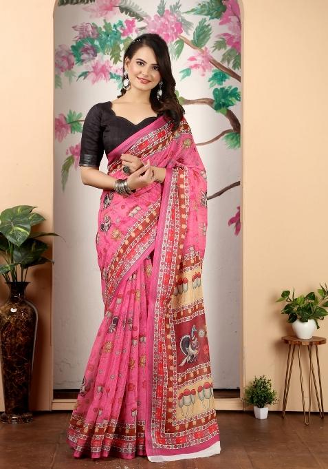 Pink Embroidered Cotton Saree Set