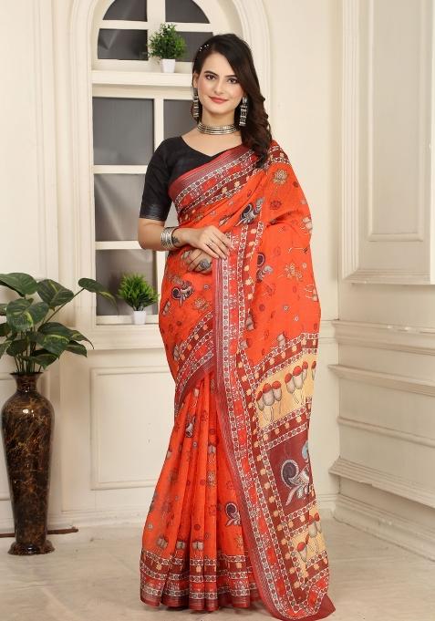 Orange Embroidered Cotton Saree Set