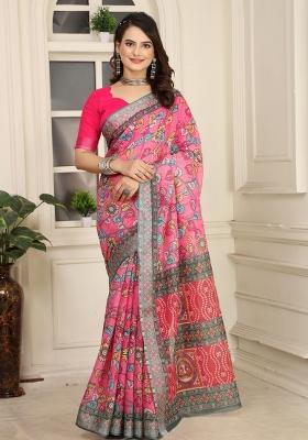 Pink Embroidered Cotton Saree Set