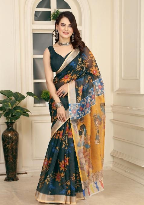 Green Embroidered Cotton Saree Set