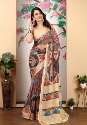 Peach Embroidered Cotton Saree Set