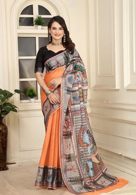 Orange Embroidered Cotton Saree Set