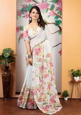Beige Embroidered Cotton Saree Set