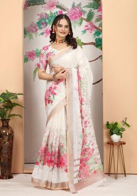 Beige Embroidered Cotton Saree Set