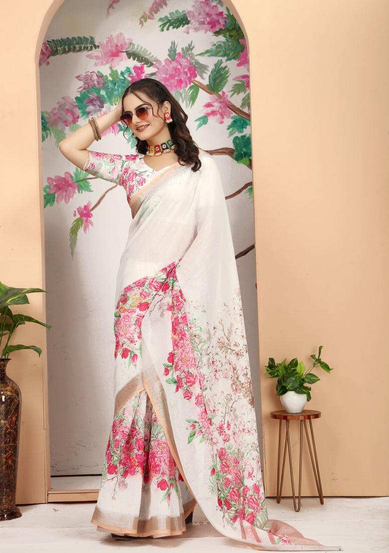 Beige Embroidered Cotton Saree Set - Indya