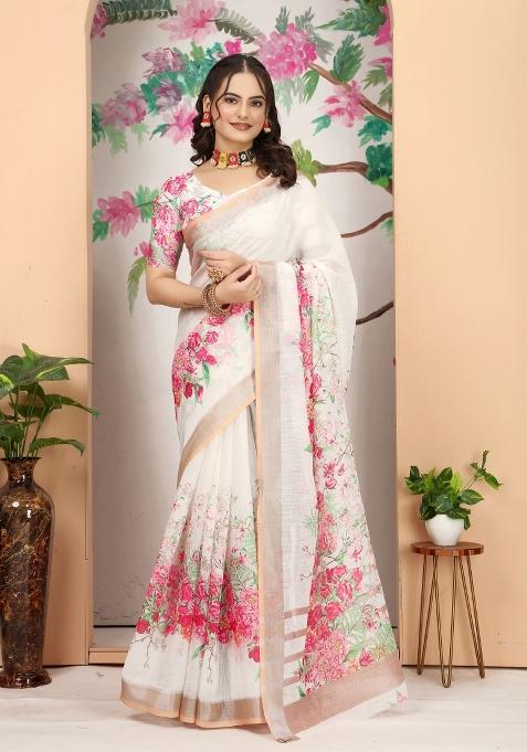 Beige Embroidered Cotton Saree Set