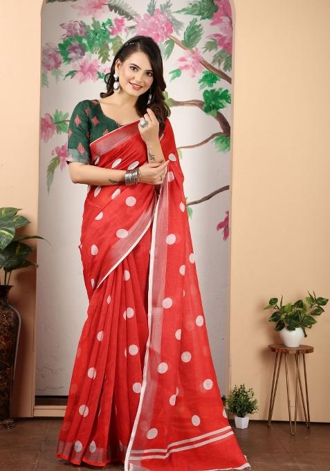 Red Embroidered Cotton Saree Set
