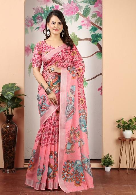 Pink Embroidered Cotton Saree Set