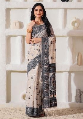 Black Printed Cotton Saree Set