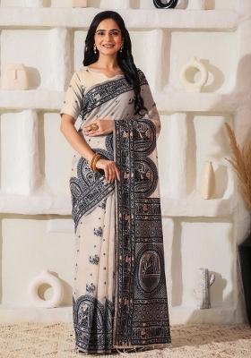Black Printed Cotton Saree Set