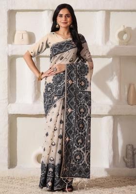 Black Printed Cotton Saree Set
