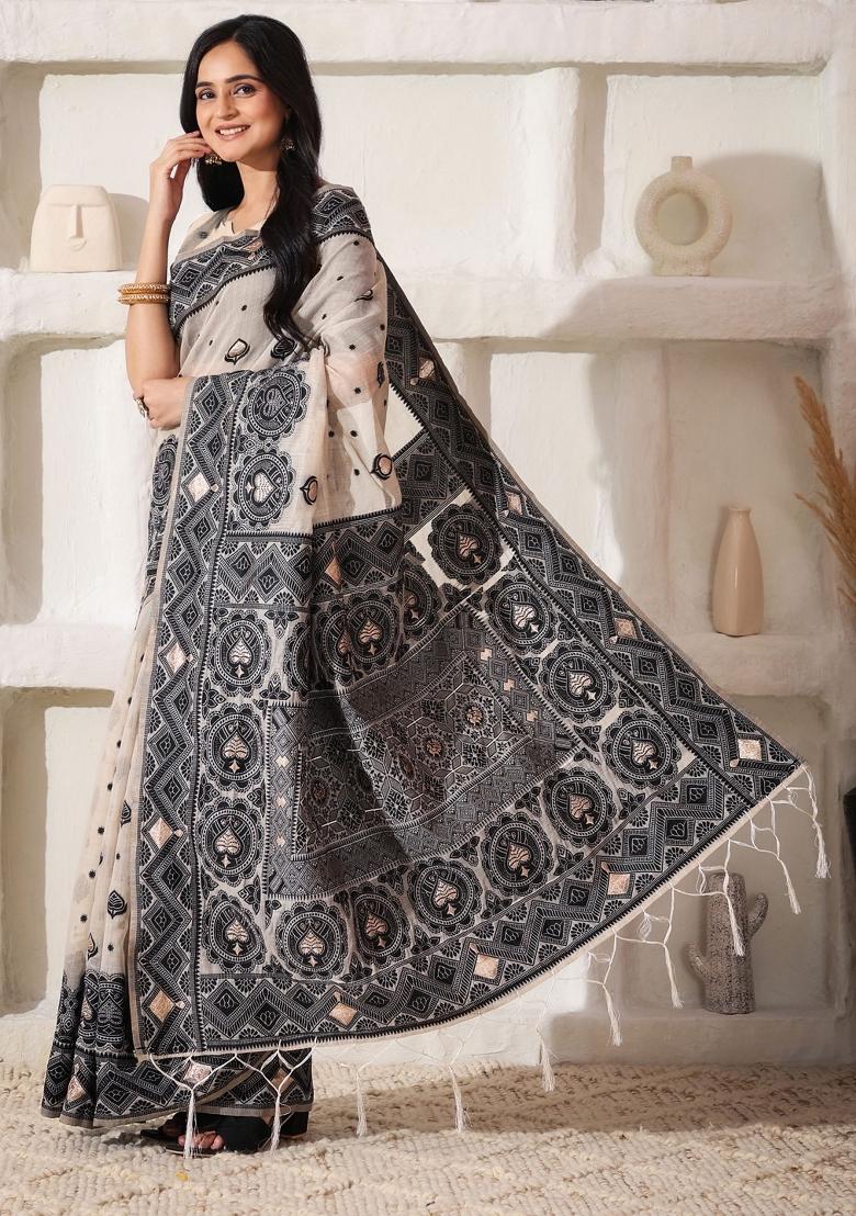 Black Printed Cotton Saree Set - Indya