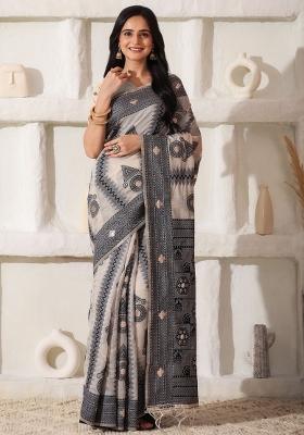 Black Printed Cotton Saree Set