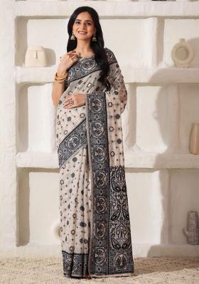Black Printed Cotton Saree Set