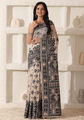 Black Printed Cotton Saree Set