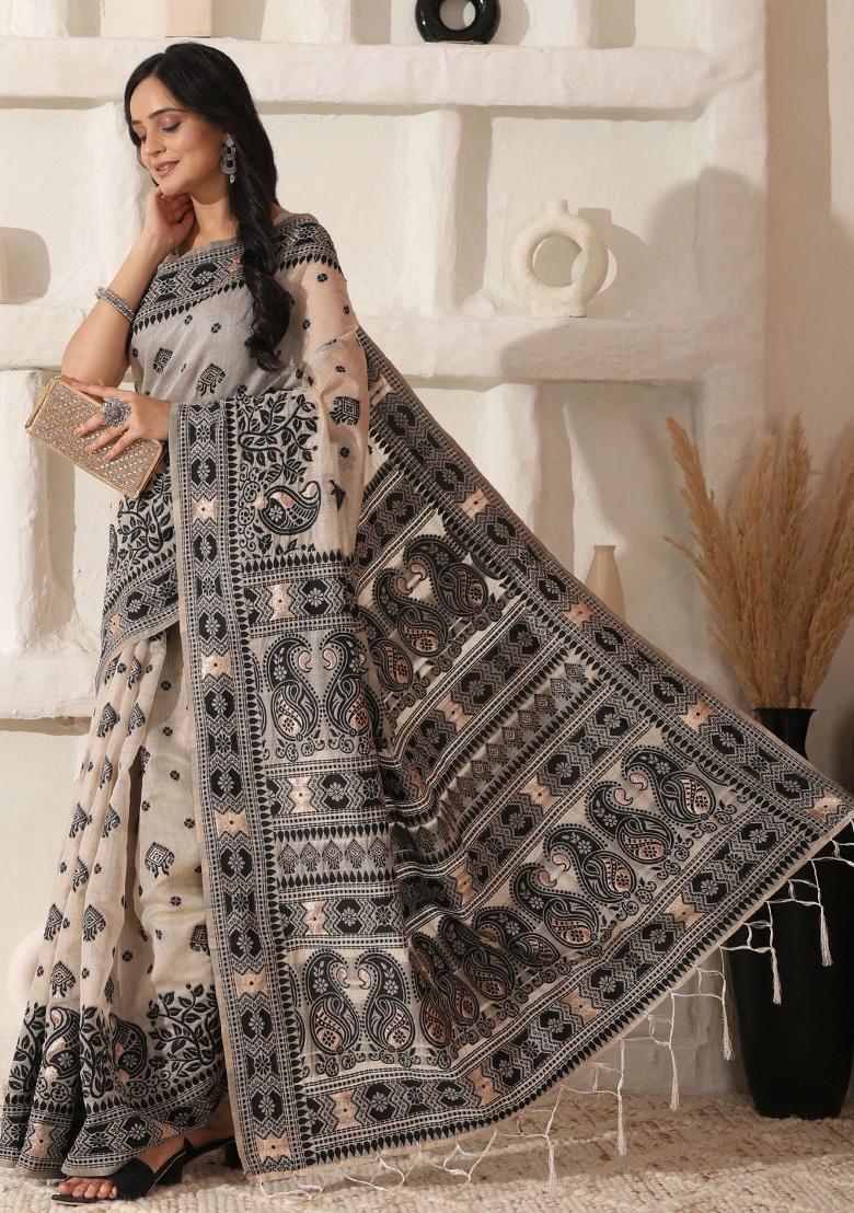Black Printed Cotton Saree Set - Indya