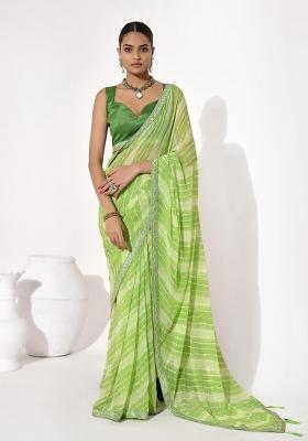 Green Printed faux georgette Saree Set