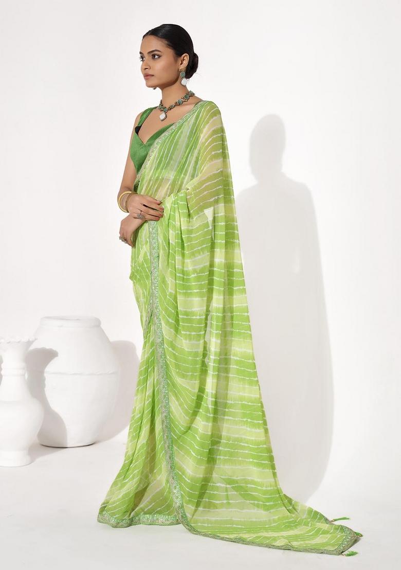 Green Printed faux georgette Saree Set - Indya