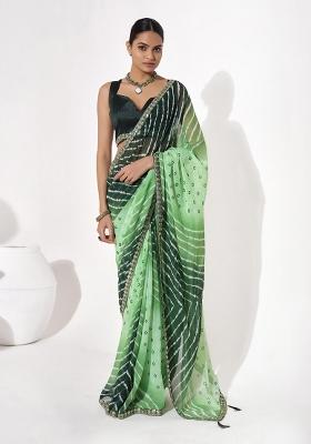 Green Printed faux georgette Saree Set