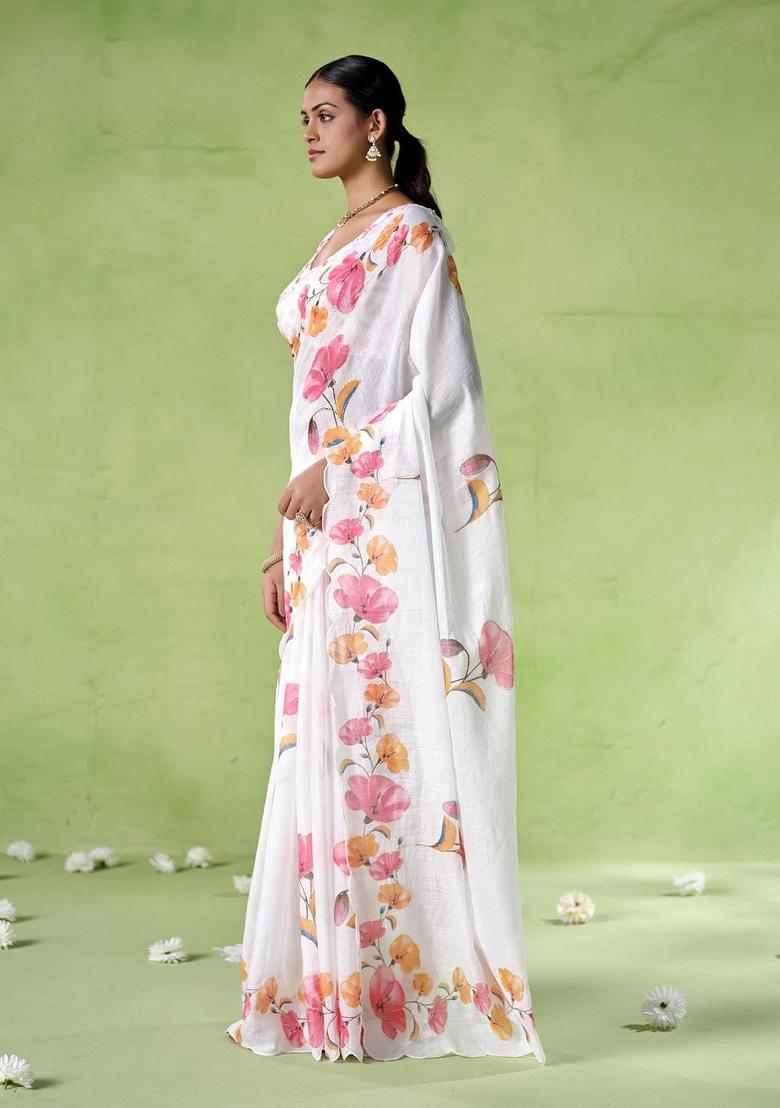 Beige Printed Cotton Saree Set - Indya