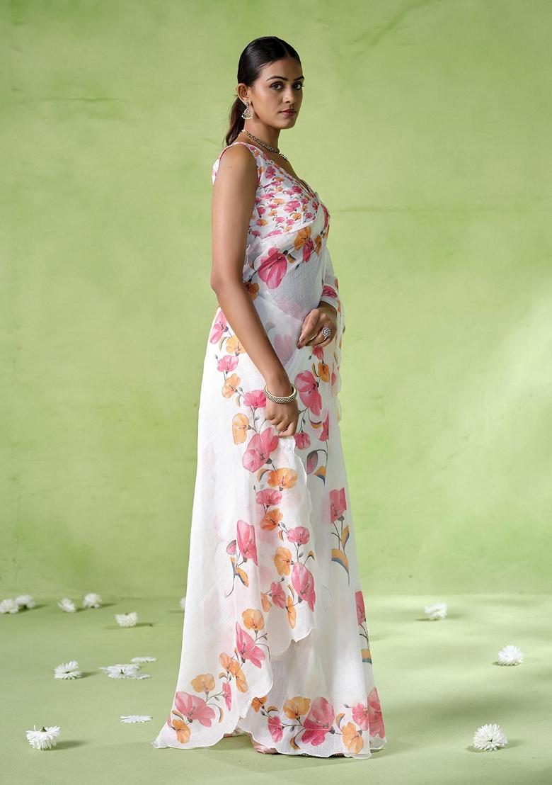 Beige Printed Cotton Saree Set - Indya