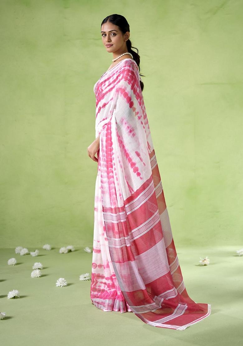 Beige Printed Cotton Saree Set - Indya