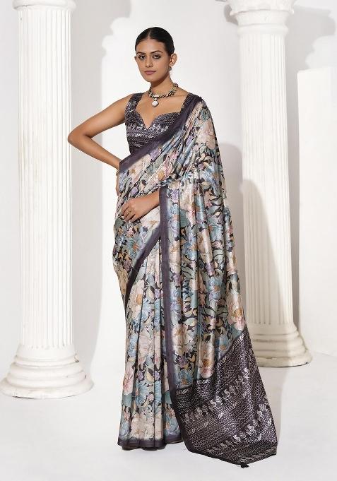 Grey Printed faux georgette Saree Set