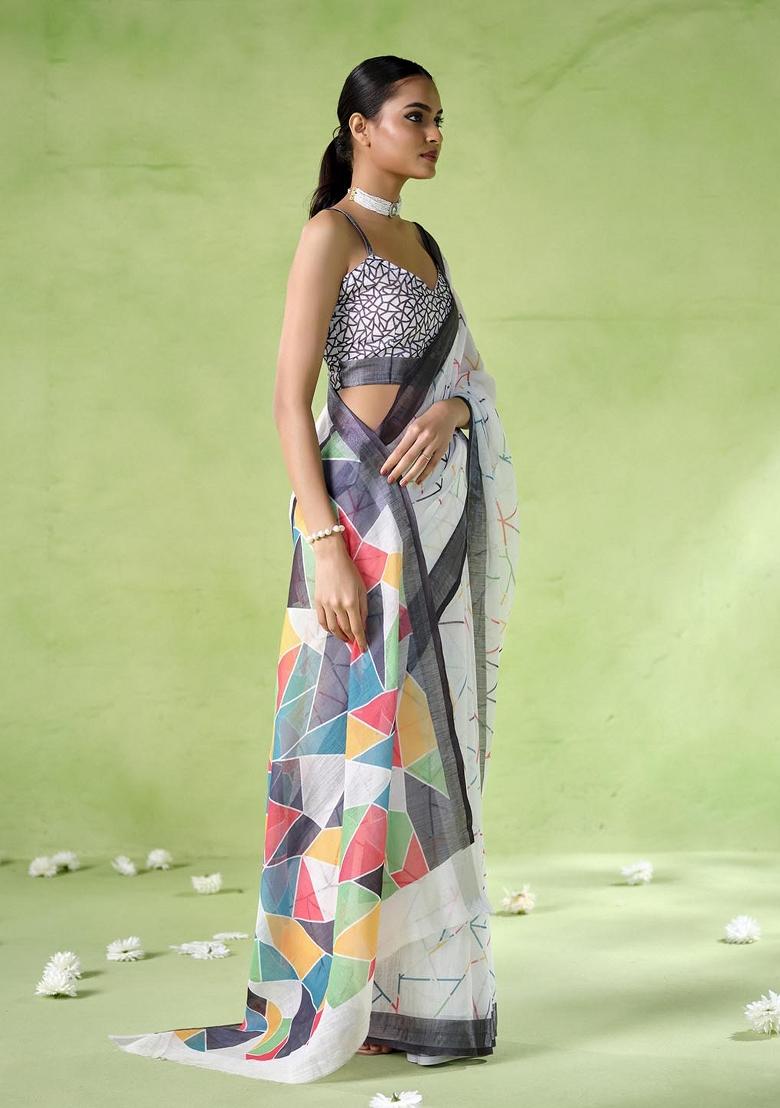 Beige Printed Cotton Saree Set - Indya