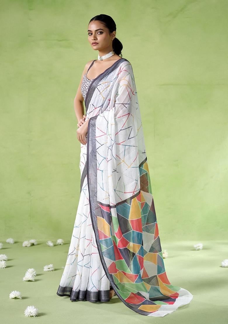 Beige Printed Cotton Saree Set - Indya