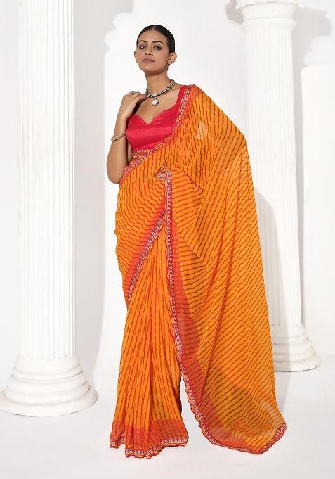 Orange Printed faux georgette Saree Set