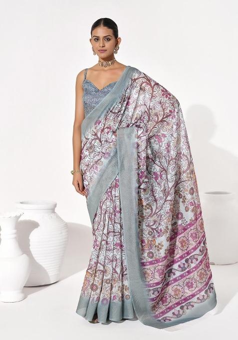 Grey Printed Cotton Saree Set