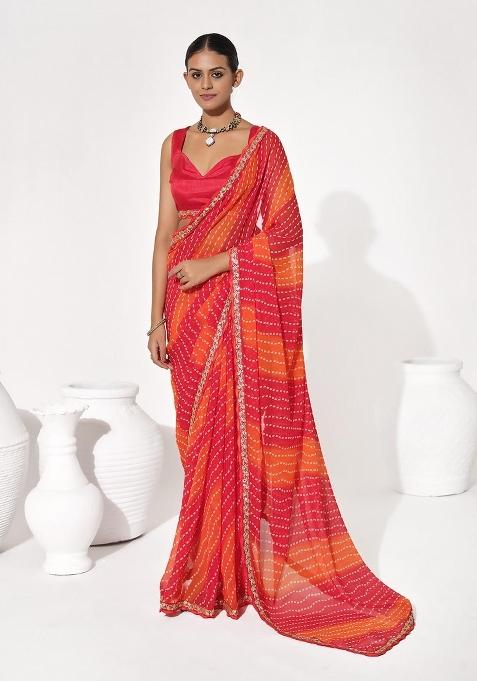 Red Printed faux georgette Saree Set