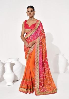 Orange Printed faux georgette Saree Set