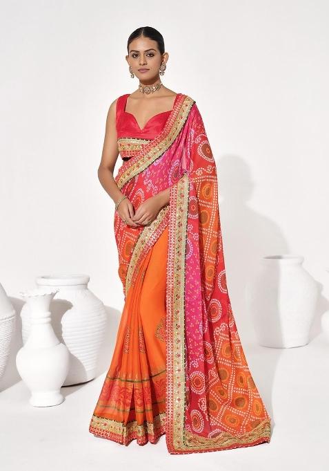 Orange Printed faux georgette Saree Set