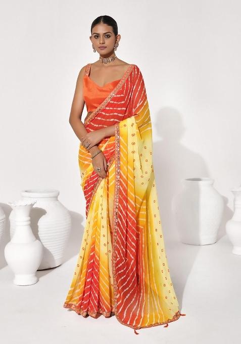 Yellow Printed faux georgette Saree Set