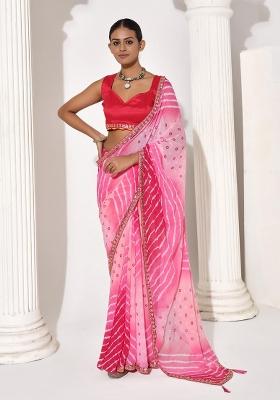 Pink Printed faux georgette Saree Set