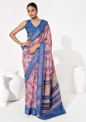 Blue Printed Cotton Saree Set