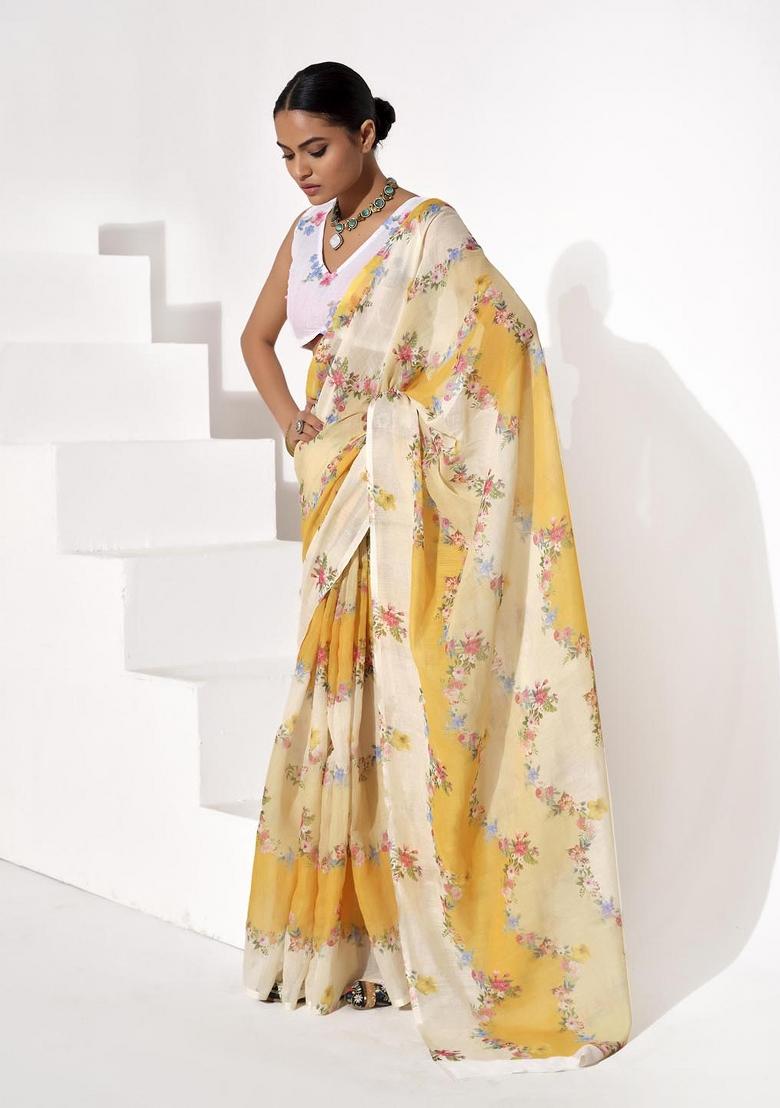 Yellow Printed Cotton Saree Set