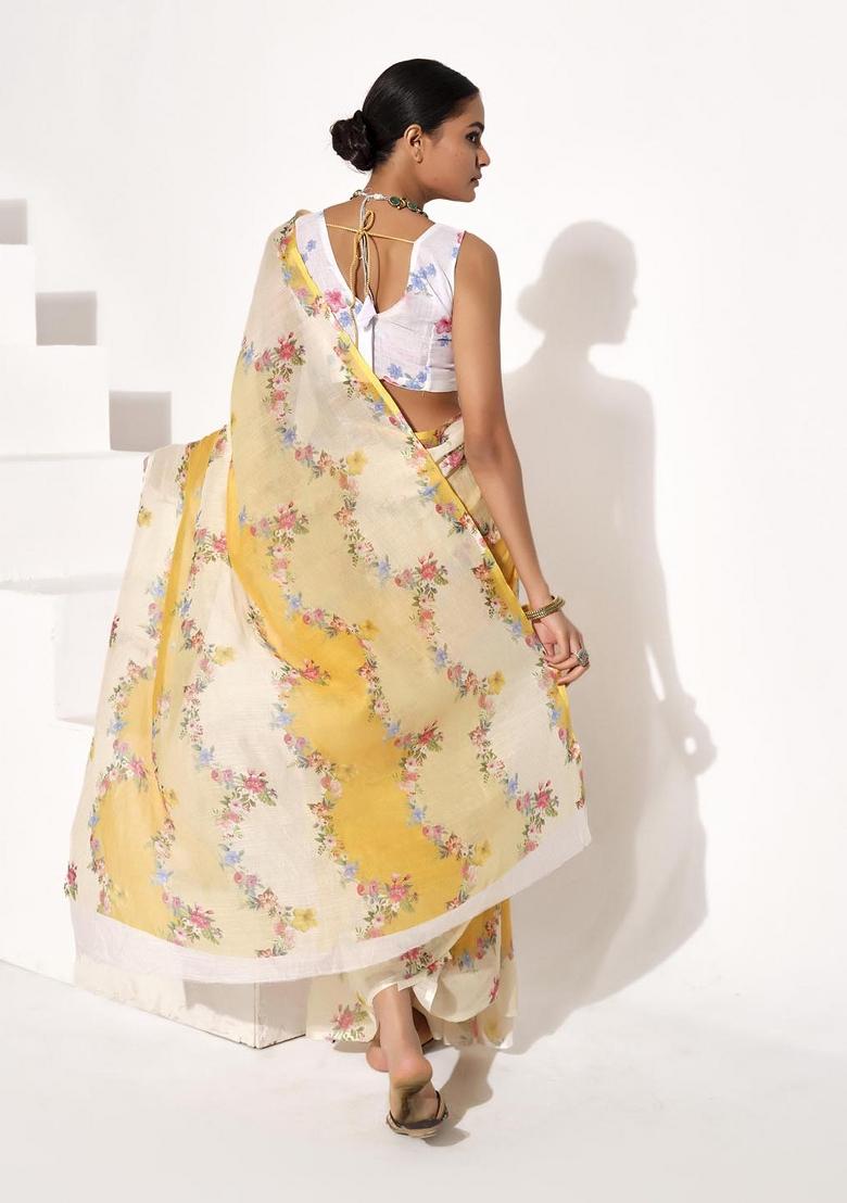 Yellow Printed Cotton Saree Set
