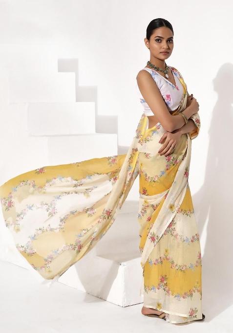 Yellow Printed Cotton Saree Set