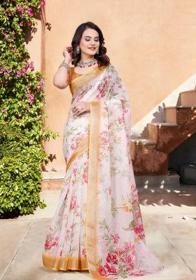 Beige Printed Cotton Saree Set