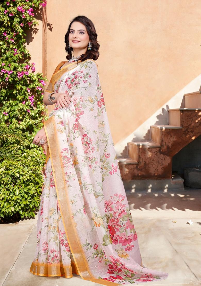 Beige Printed Cotton Saree Set - Indya