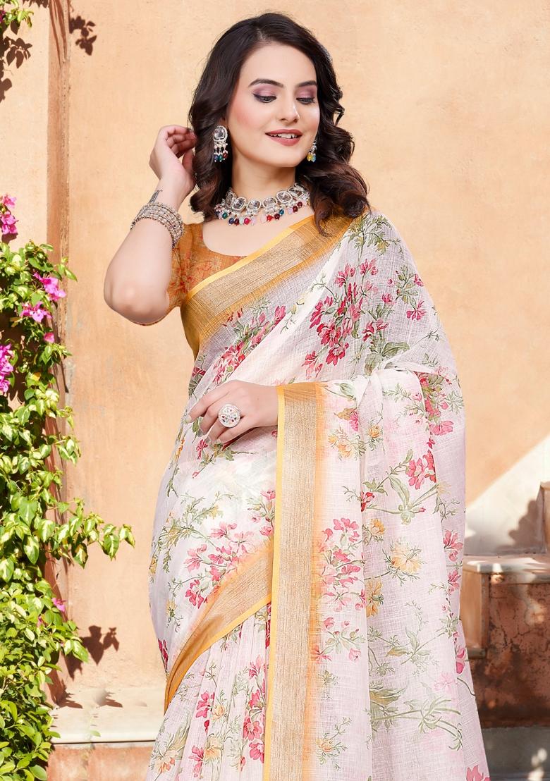 Beige Printed Cotton Saree Set - Indya