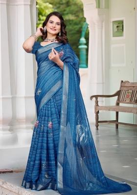 Blue Printed Cotton Saree Set